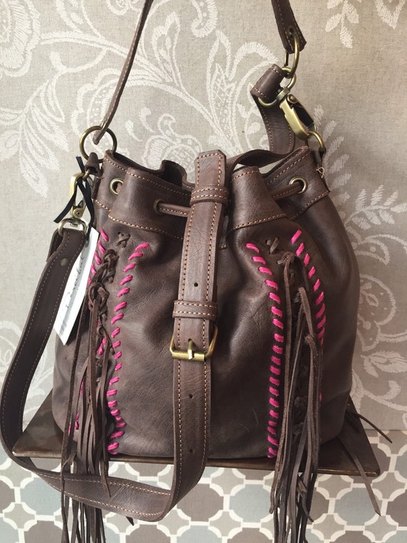 Brown bucket bag medium size leather bag crossbody purse