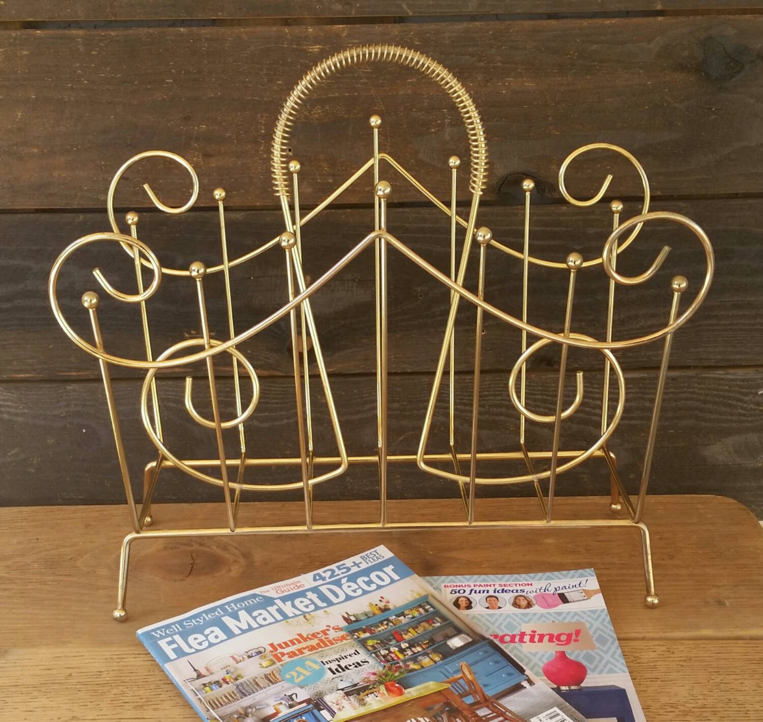 Vintage Brass Magazine Rack, Book Rack, Towel Yarn Album Holder, Glam