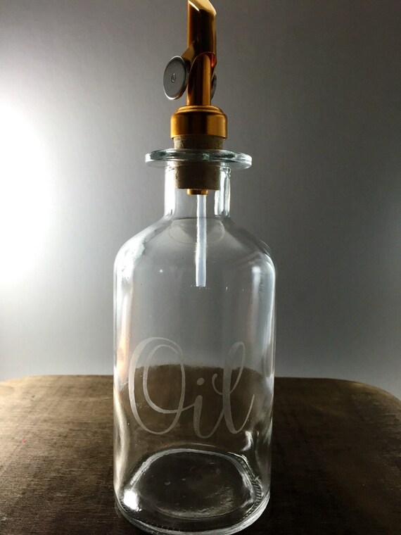 Etched Glass Oil Dispenser with gold stopper olive oil