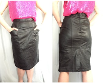 Leather Skirt Black Pencil Skirt Midi Knee Length Front Pockets Vintage Jacqueline Ferrar Women's 10 or Medium