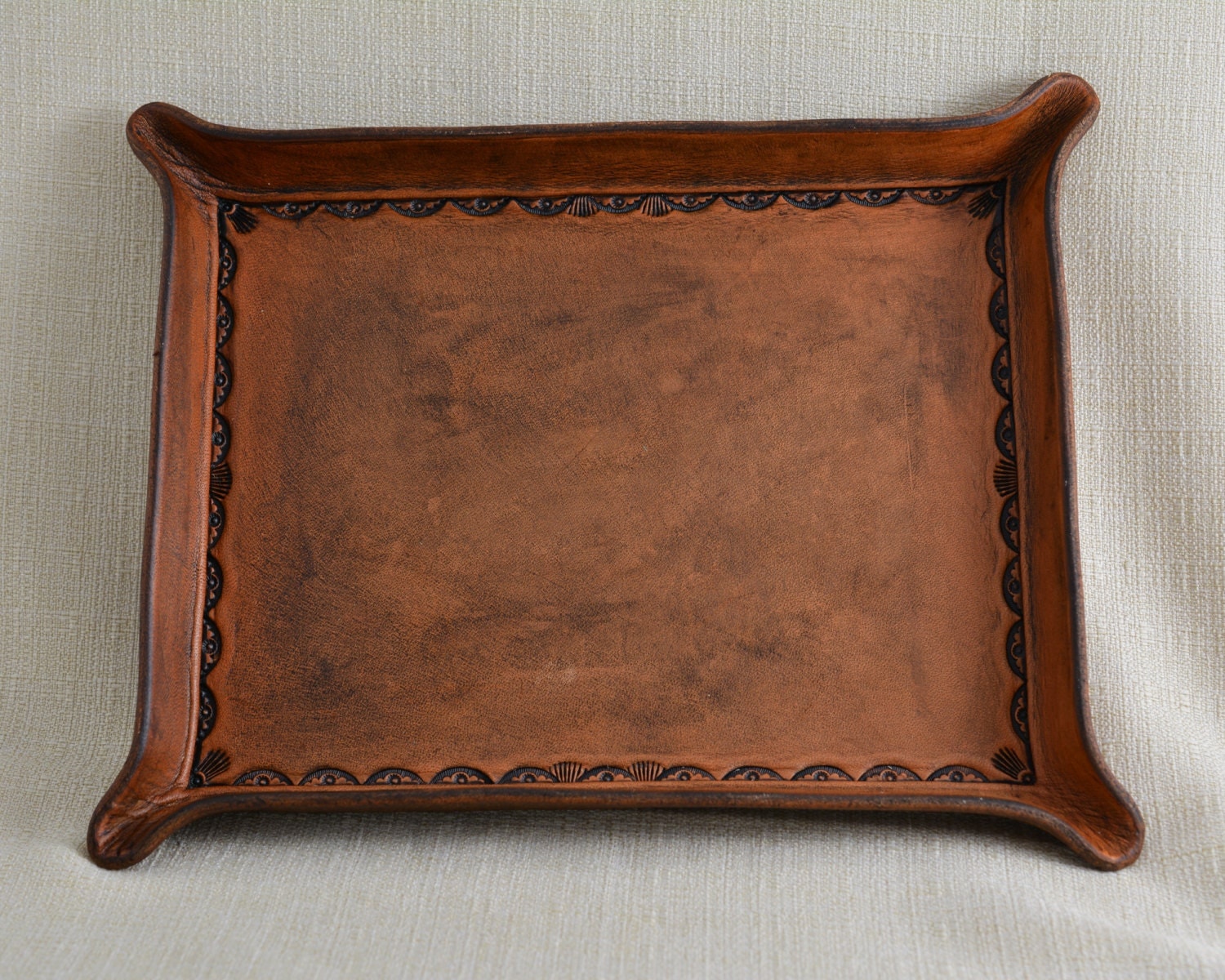 Bordered Leather Valet Tray for Dresser or Desk