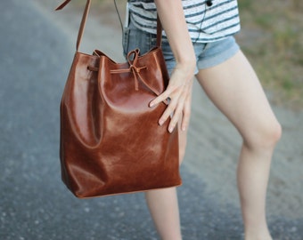 BUCKET BAG, brown leather tote bag, handmade leather bag, leather shoulder bag