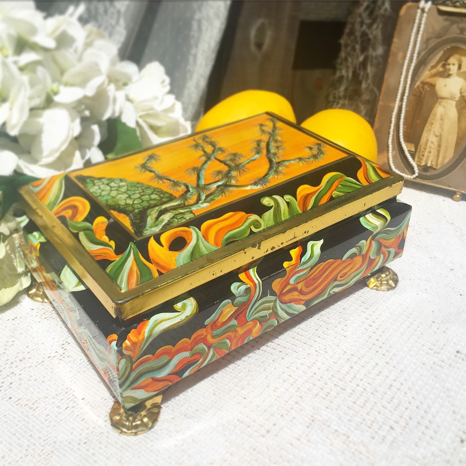 Vintage decorative Floral Tin Box Canister yellow green