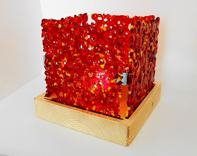 Red orange glass tealight holder. Modern contemporary large tea light holder with handcrafted pine wooden base. wedding birthday gift idea