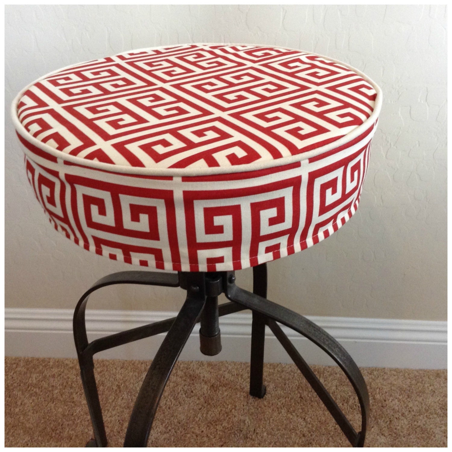 Round fitted barstool seat cover with piping and skirt detail