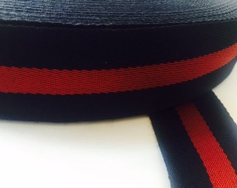 2" grosgrain ribbon, striped grosgrain ribbon, polyester ribbon, belt ribbon, navy with red stripe gucci inspired ribbon
