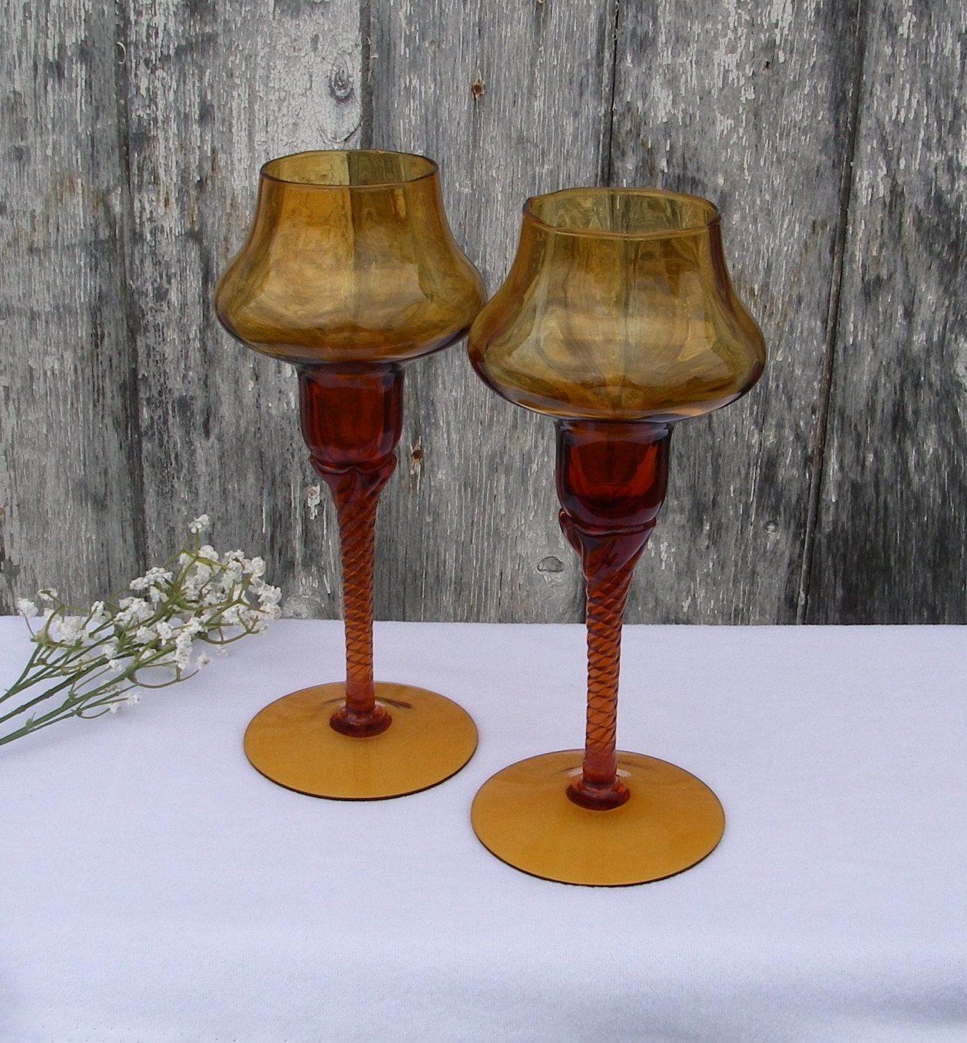 Vintage Taper Candlestick Holders Amber Glass Spiral Twist