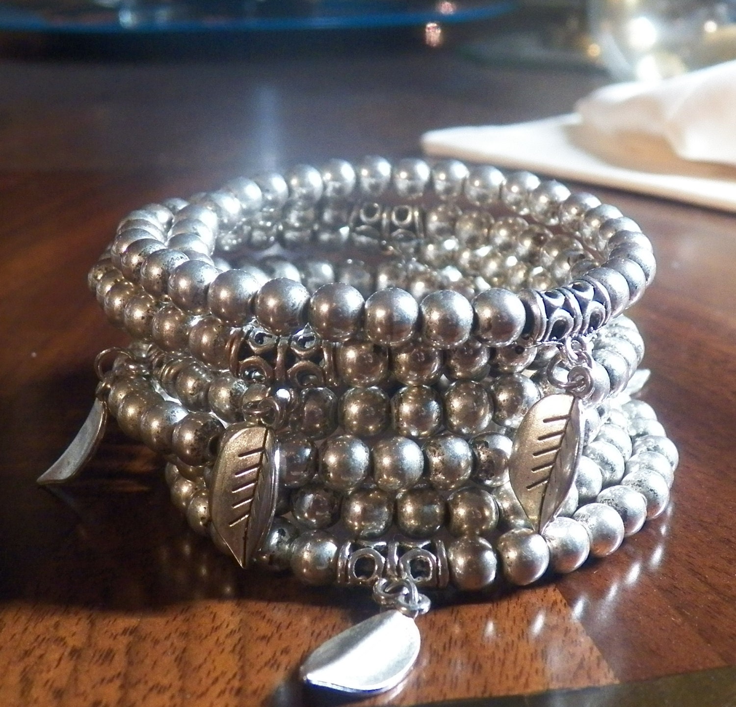 Silver Beaded Wrap Around Bracelet with Feather by NikkiNuDesigns