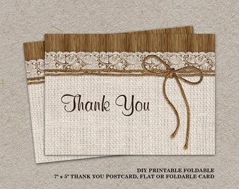 Rustic Wedding Or Bridal Shower Thank You Card | DIY Printable Burlap And Lace Thank You Postcard | Elegant Digital Thank You Cards