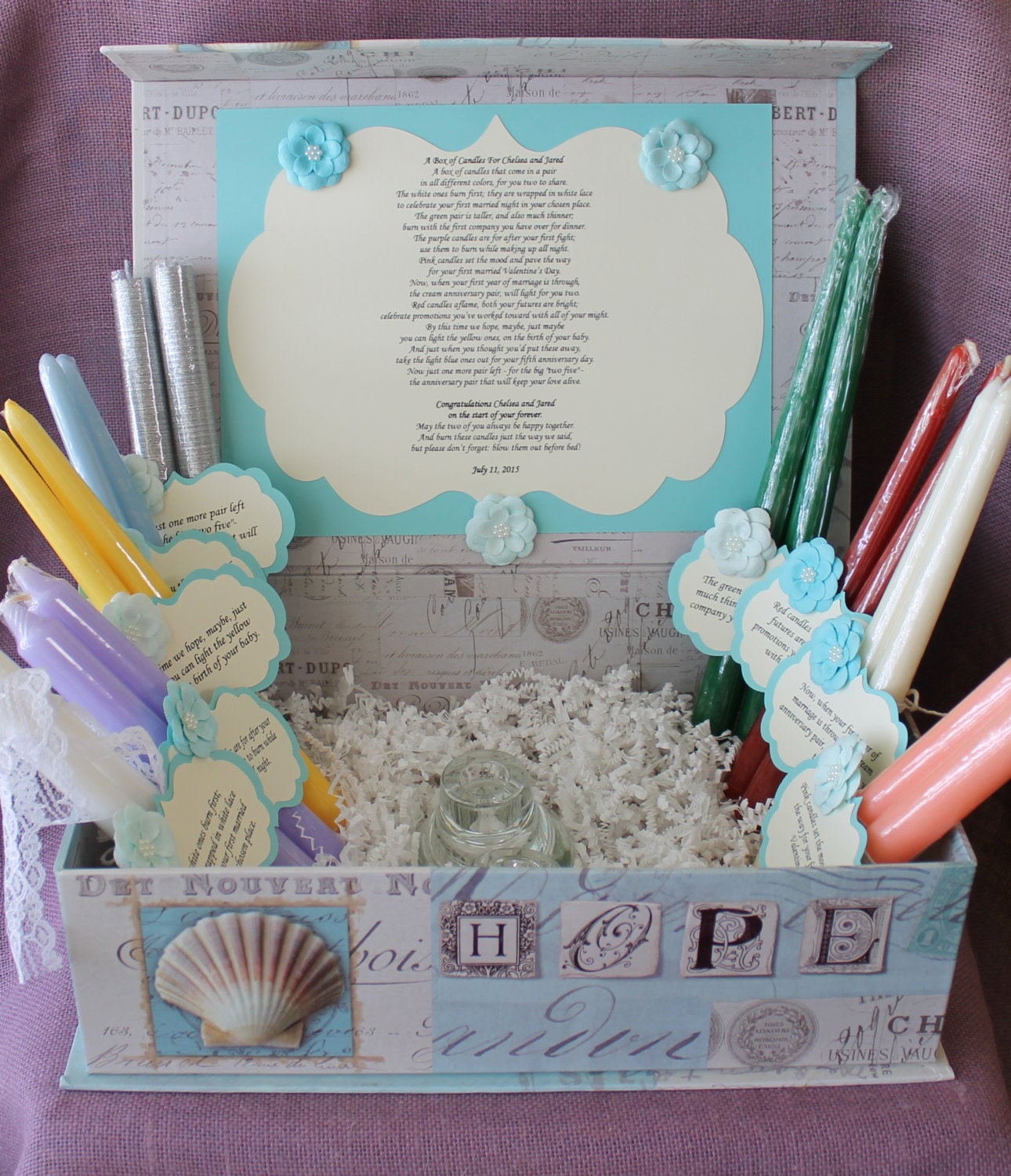 Wedding Shower Candle Poem Gift Set. Bridal candle basket.