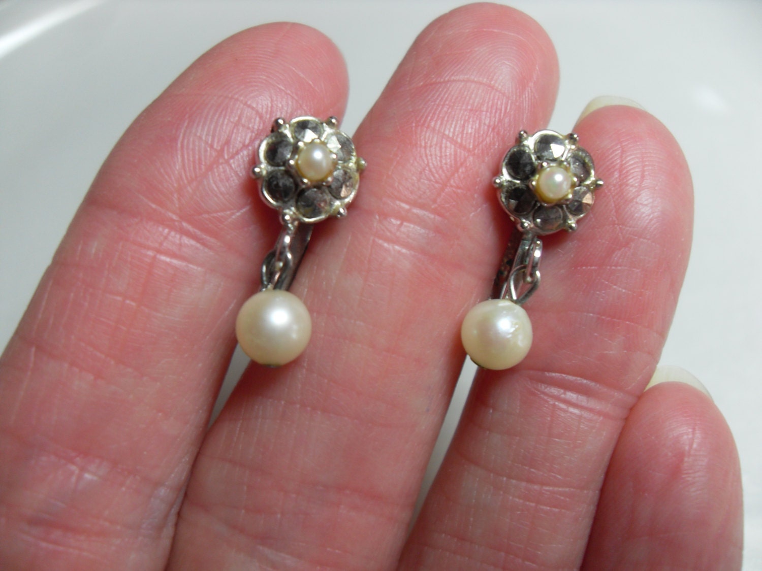 Faux pearl clip on earrings rhinestone accents high fashion