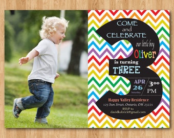 birthday invitation boy invite chevron rainbow 3rd 9th chalkboard printable digital third diy colorful custom