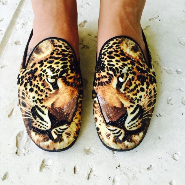 Beaded Leopard Beverly Feldman Slip On Flats