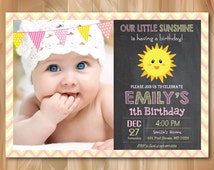 Sunshine Birthday Invitation with Photo. Little Sunshine Birthday Party Invite. Chalkboard You are my Sunshine Pink Yellow Printable Digital. - il_214x170.793728327_2v3m