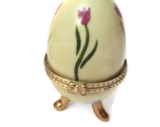 Faberge Style Egg Casket Box - Tinket Box - Ring Holder Yellow and Gold Three Footed Porcelain Egg with Flowers