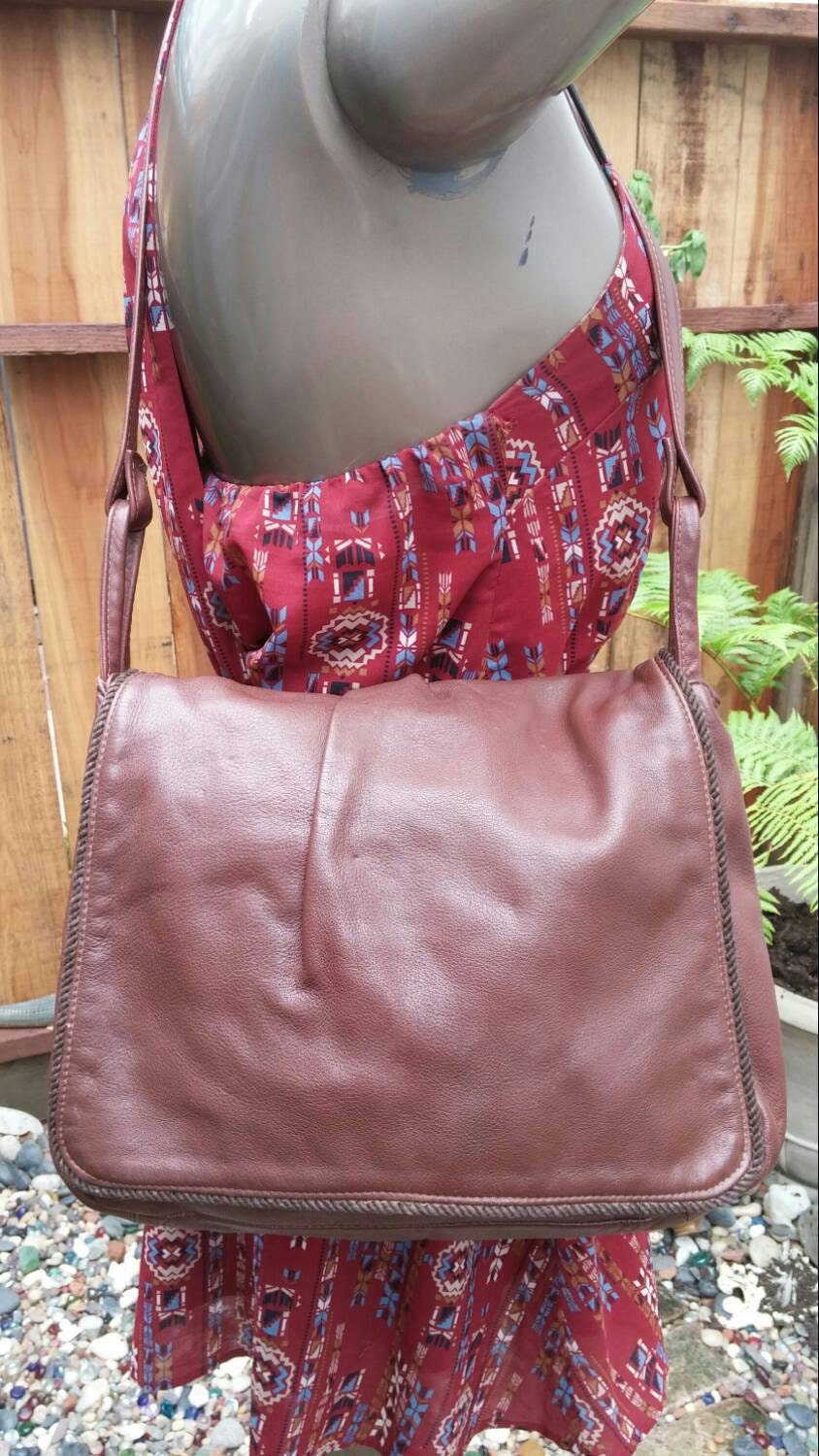 Vintage 1970s 1980s Leather Hippie Boho Bag Purse Tote Handbag