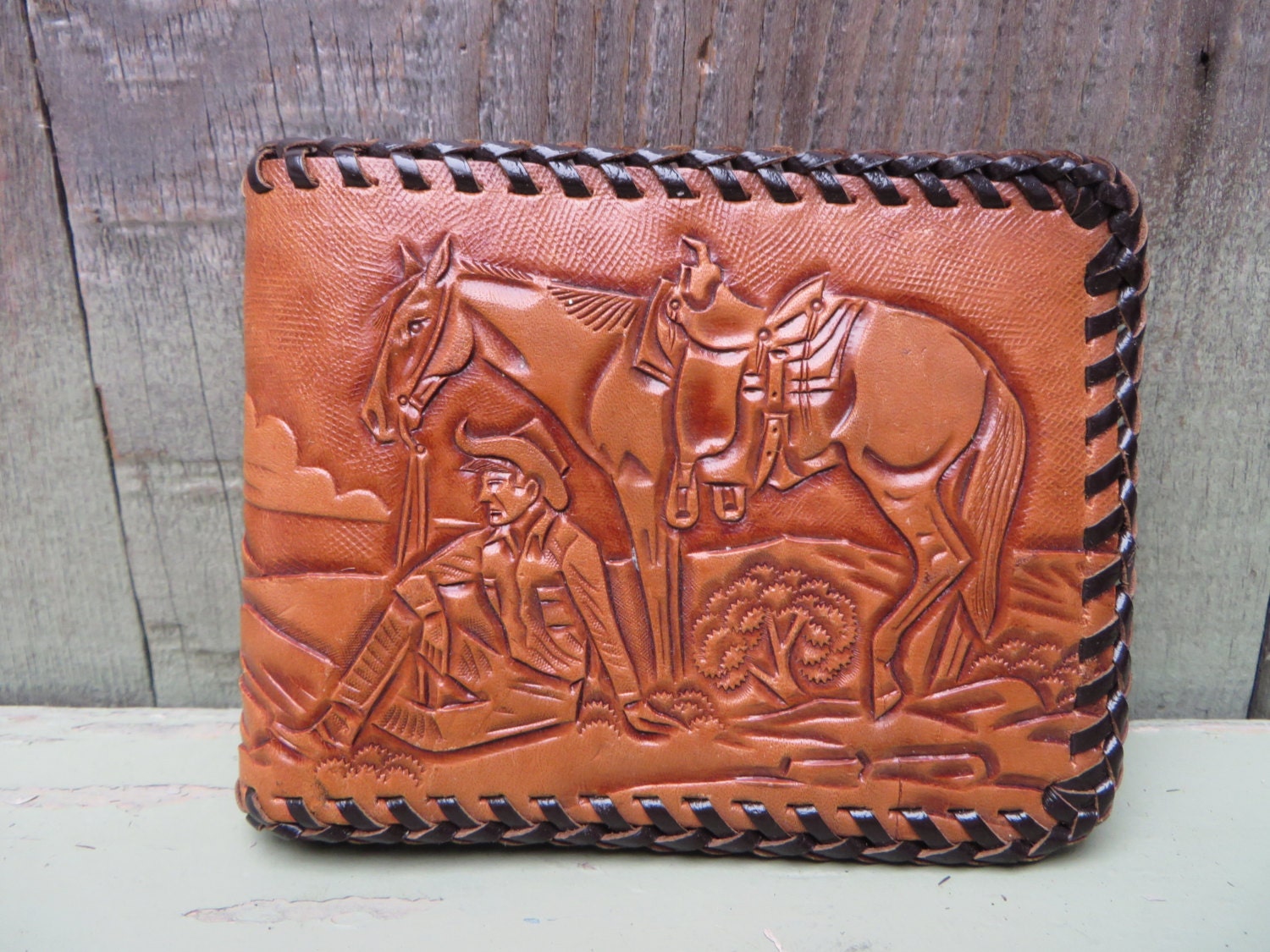 Vintage 1970s Mens Tooled Leather Wallet Bifold Cowboy Western