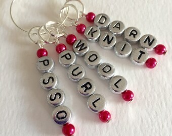Set of 5 worded non snag knitting stitch markers,Purple,lemon,blue,teale,cerise pearl bead markers for knitting,gifts under 10