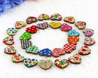 10/20/40/50/100 Multicoloured Small Heart Shaped 2 Hole Wooden Buttons 1.75x 1.5cm for Sewing Scrapbooking Card Making