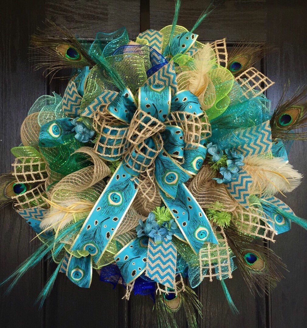 Elegant peacock wreath Peacock deco mesh by ShellysChicDesigns