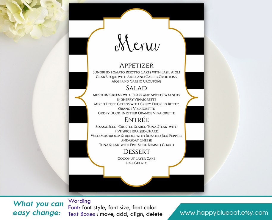 DiY Printable Wedding Menu Template Instant Download