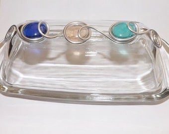 Butter Dish-Beaded, Butter Dish, Kitchen Decor, Colorful Butter Dish, Unique Butter Dish, Wedding Gift, Beaded Dish, Wire Wrapped, Butter