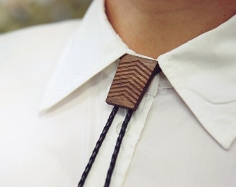 Black Leather Bolo Tie with Wood Trapezium Slider, Genuine Black Leather, Adjustable Tension Clasp, Walnut timber, Silver Tips, Handmade