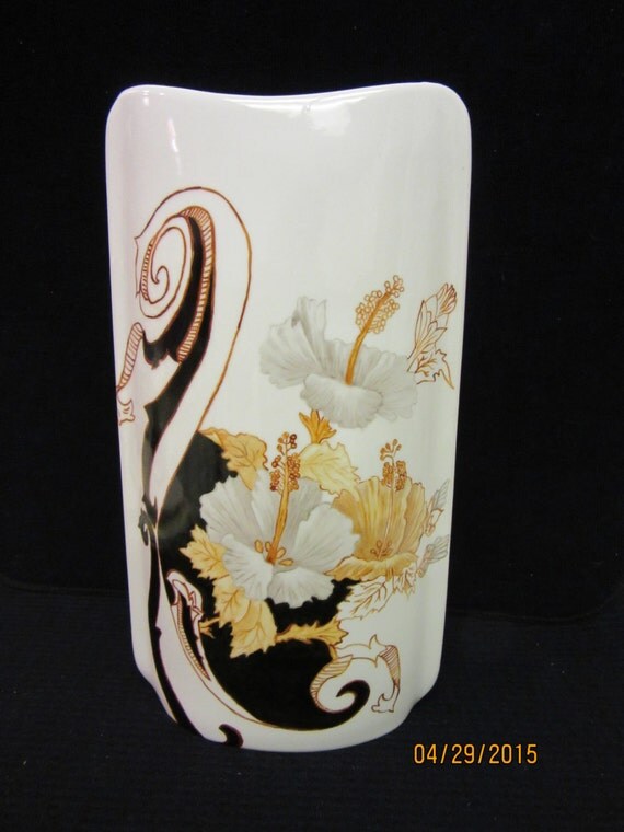 Vase Large Porcelain, white gold black, Ceramic Pottery, Hand Painted ...