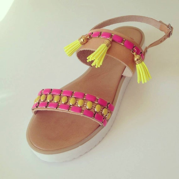 Handmade boho leather sandals in pink and yellow color with thick sole