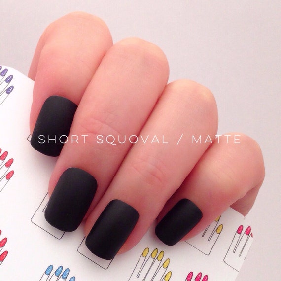 Items similar to Short Squoval, 12pcs, Black Hand Painted Short Nail ...