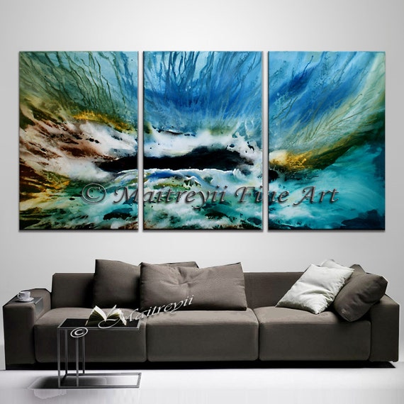 Triptych 72" Large Wall Art ABSTRACT PAINTING Acrylic Wall Decor Blue Turquoise Abstract