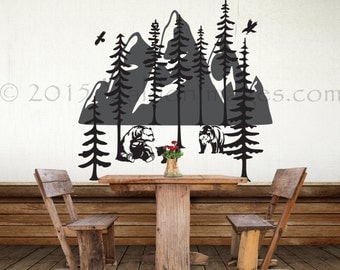 Family of bears wall decal, tree wall decal, mountian wall decal, forest wall decal, living room wall decal, bedroom wall decal, nature art