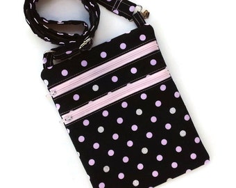 Crossbody bag, pink and black, silver and black, polka dots, shoulder bag, cellphone purse, Kindle bag, tablet purse, e-reader bag
