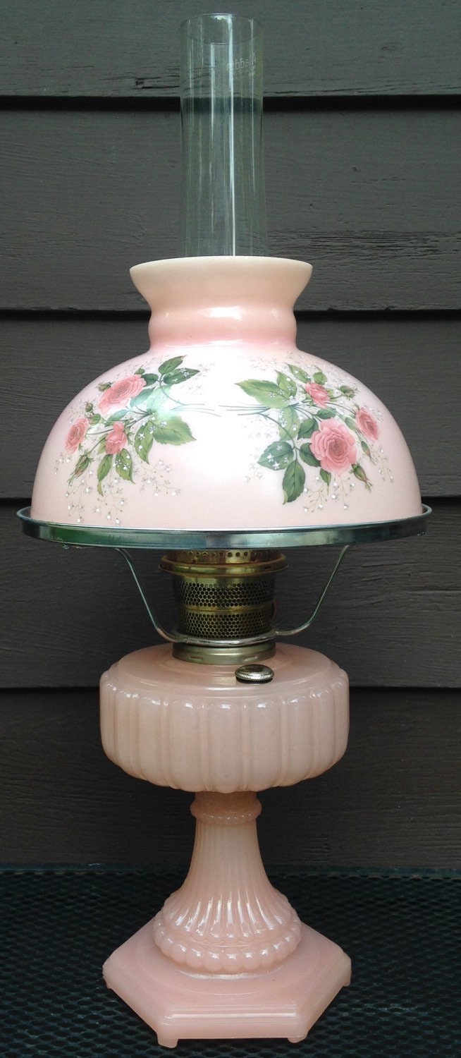 1930's Antique Aladdin Oil Lamp Pink Rose Moonstone