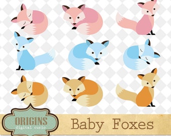 Baby Foxes Clipart - PNG and Vector Clipart Set Cute Fox Clip Art for Commercial Use, baby forest animals, baby shower clipart, woodland fox