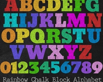 Rainbow Chalk Block Letters - Chalkboard Alphabet and Numbers Back to School Multicolor PNG Clipart Set