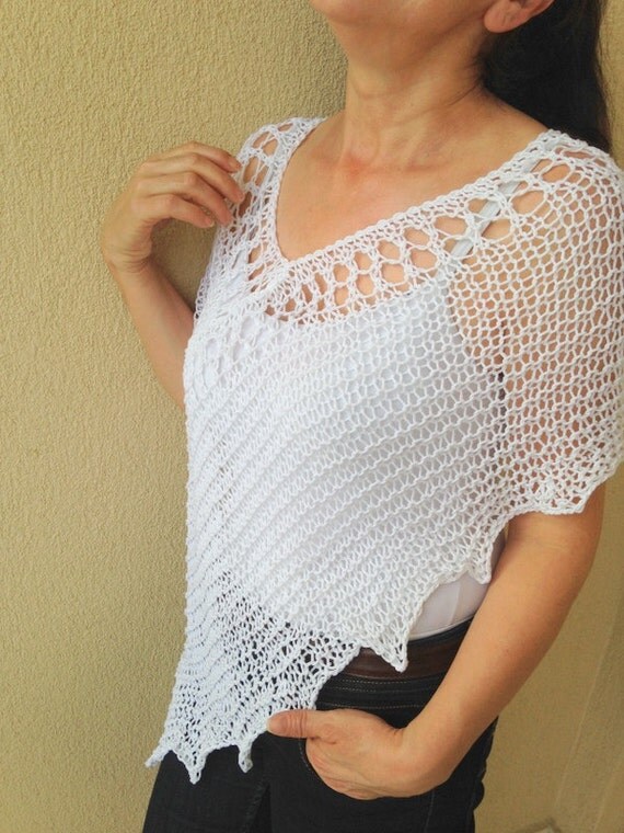 White cotton wrap hand knit poncho women wear white by Mrlworks
