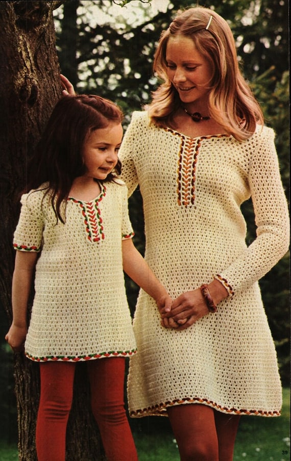 Crochet Dress Pattern Vintage 70s Mother and Daughter Mod