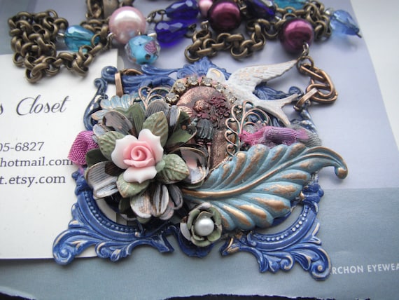 Assemblage Floral Necklace Hand made, One of a Kind, Nature theme, Great Gift for her, Flower necklace , Assemblage jewelry , Nature lover