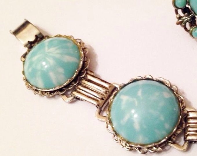 Storewide 25% Off SALE Vintage Robins Egg Turquoise Blue Thermoset Designer Bracelet Featuring Matching Original Clip Back Birds Egg Earring