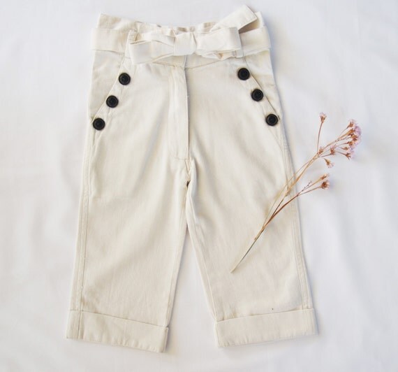 Girls White Pants with Button Detailed Pockets by lilachandmade