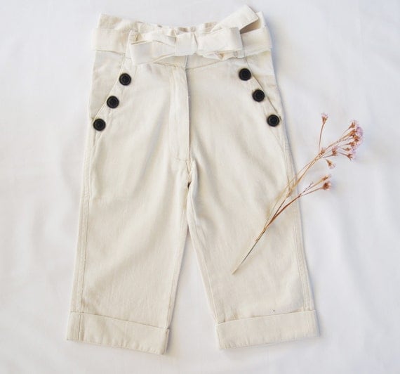 Girls White Pants with Button Detailed Pockets by lilachandmade