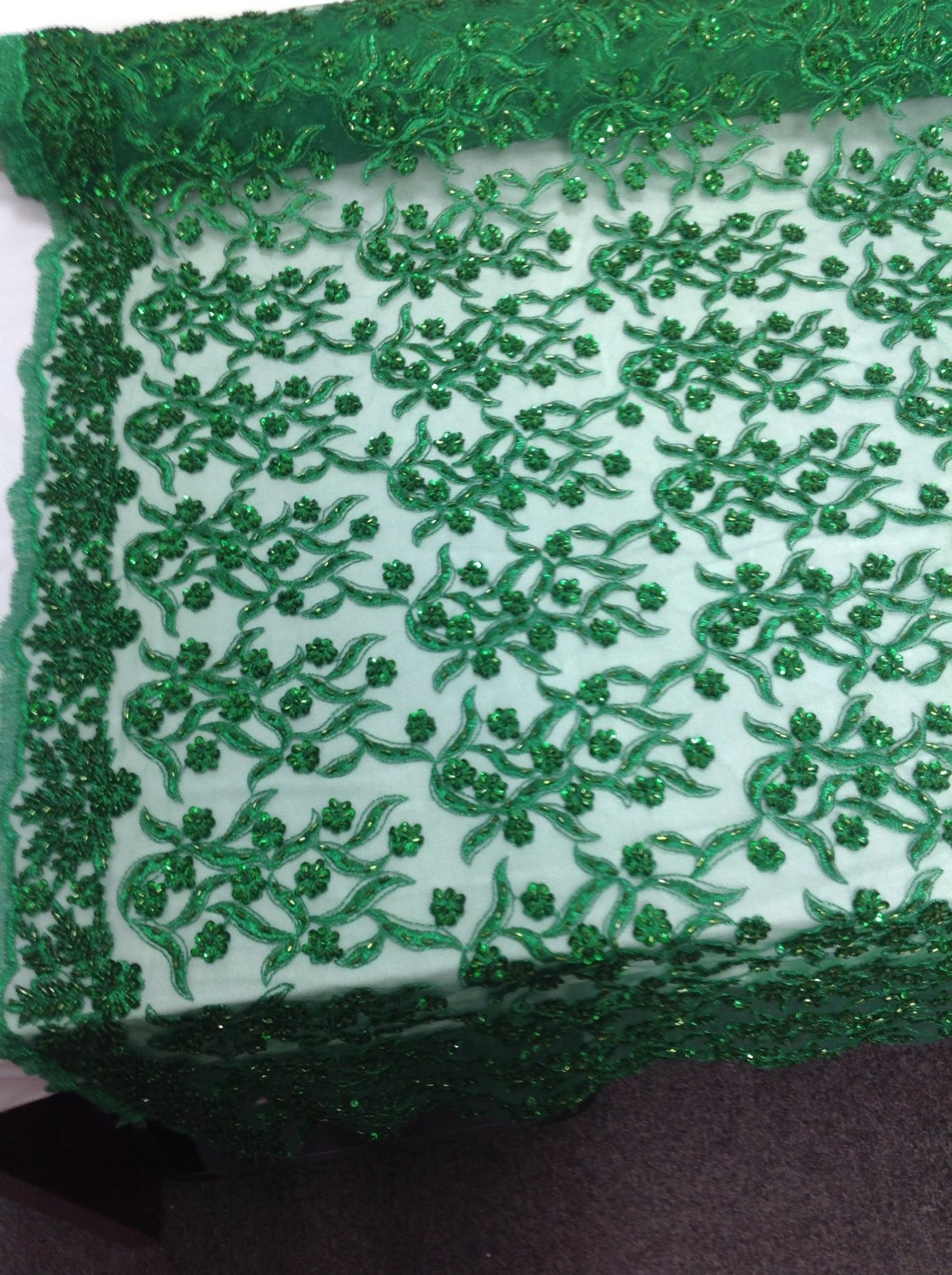 Bridal wedding beaded mesh fabric lace green. by KINGDOMOFFABRICS