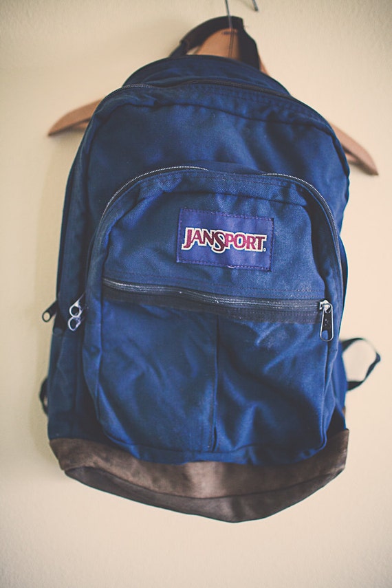 Vintage 90's Backpack Jansport Navy Blue with leather