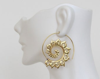 Tribal brass Spiral Earrings, Brass hoops, Spiral Earrings, Ethnic earrings; Gypsy earrings, Tribal Gold Earrings