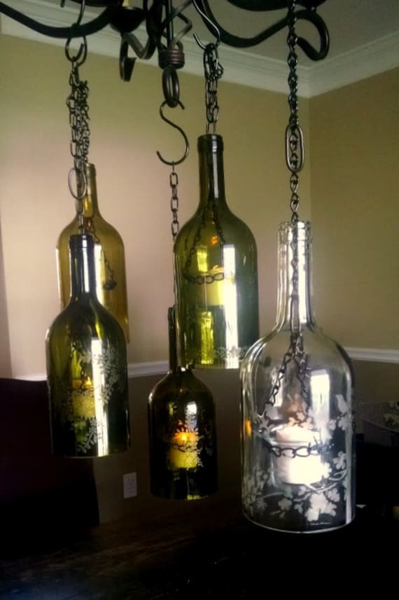 Items similar to Hanging Wine Bottle Lantern with Etched Designs, Patio