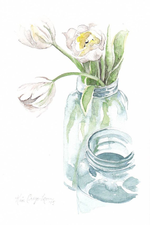 Items similar to White tulips and blue jars, watercolour art print, 5 x ...