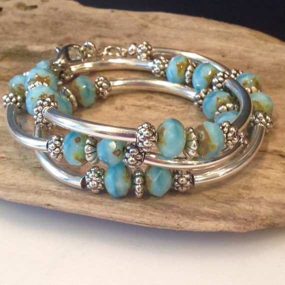 Beautiful Beaded Silver Wrap Bracelet Blue by BohoBlissCreations