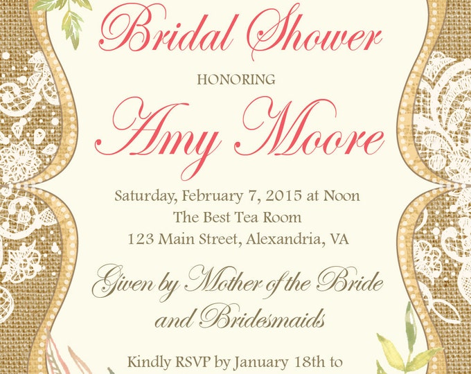 Bridal Shower Invitation. Burlap and lace bridal shower. Printable Bridal Shower invitation. Burlap bridal invite. Spring bridal shower