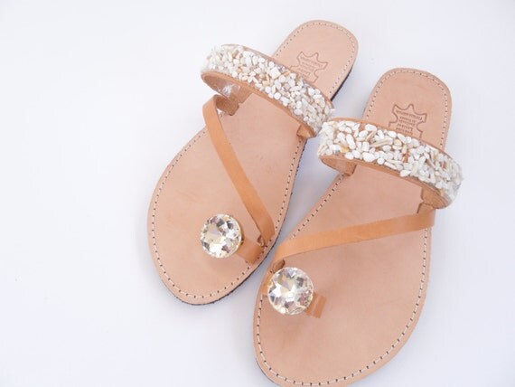 Leather sandals flip flops- Crystal Decorated sandals - Real greek ...